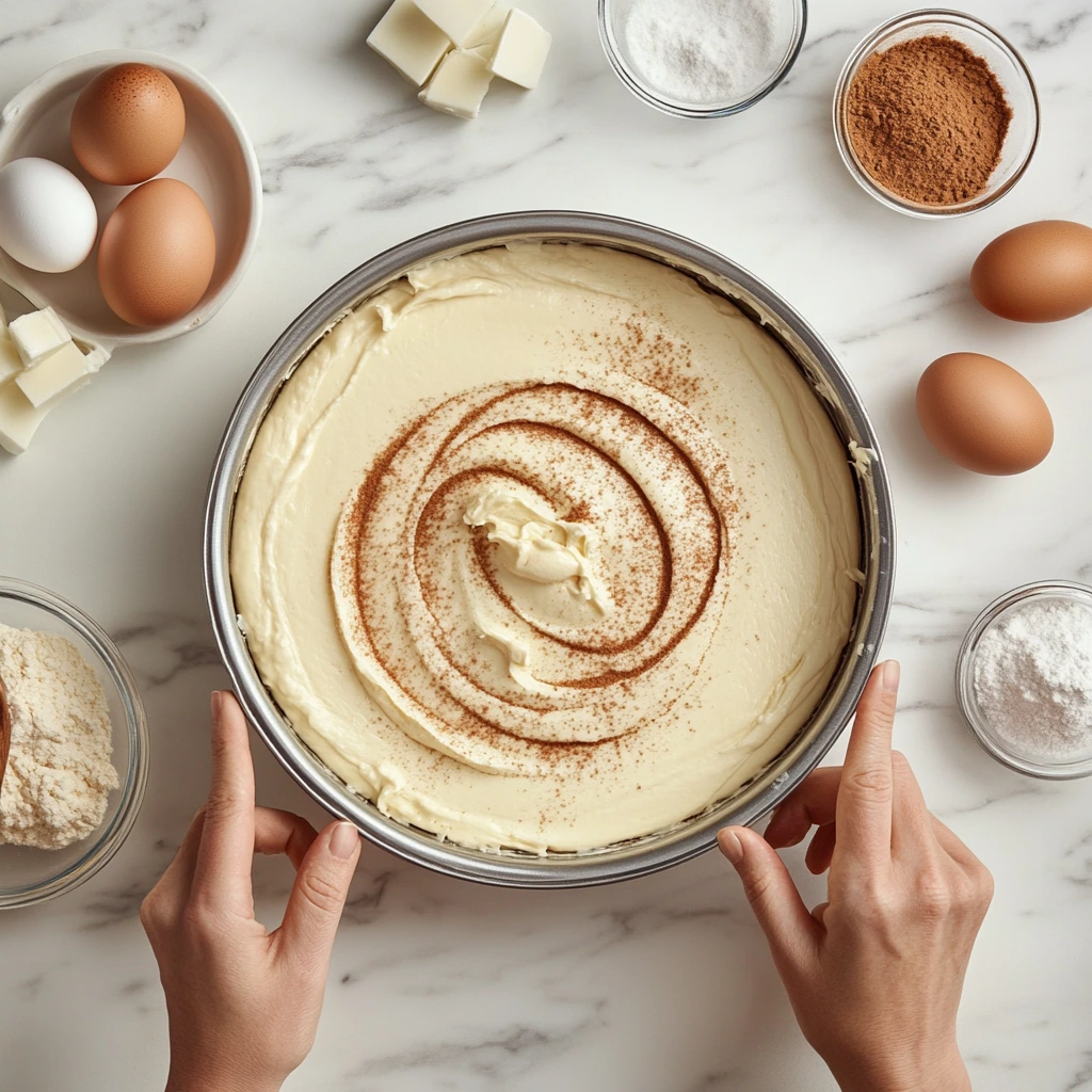 Hands preparing cinnamon roll cheesecake with cinnamon swirl on top, surrounded by baking ingredients like eggs, butter, and sugar on a marble countertop