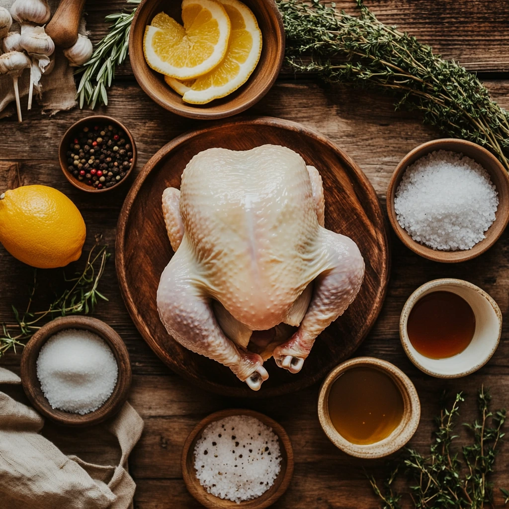 Ingredients and raw chicken for rotisserie cooking.