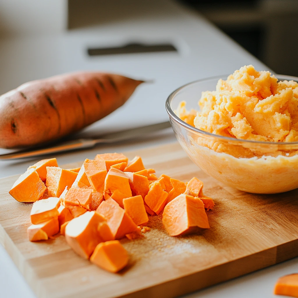 Sweet potato cubes and purée for brownies.