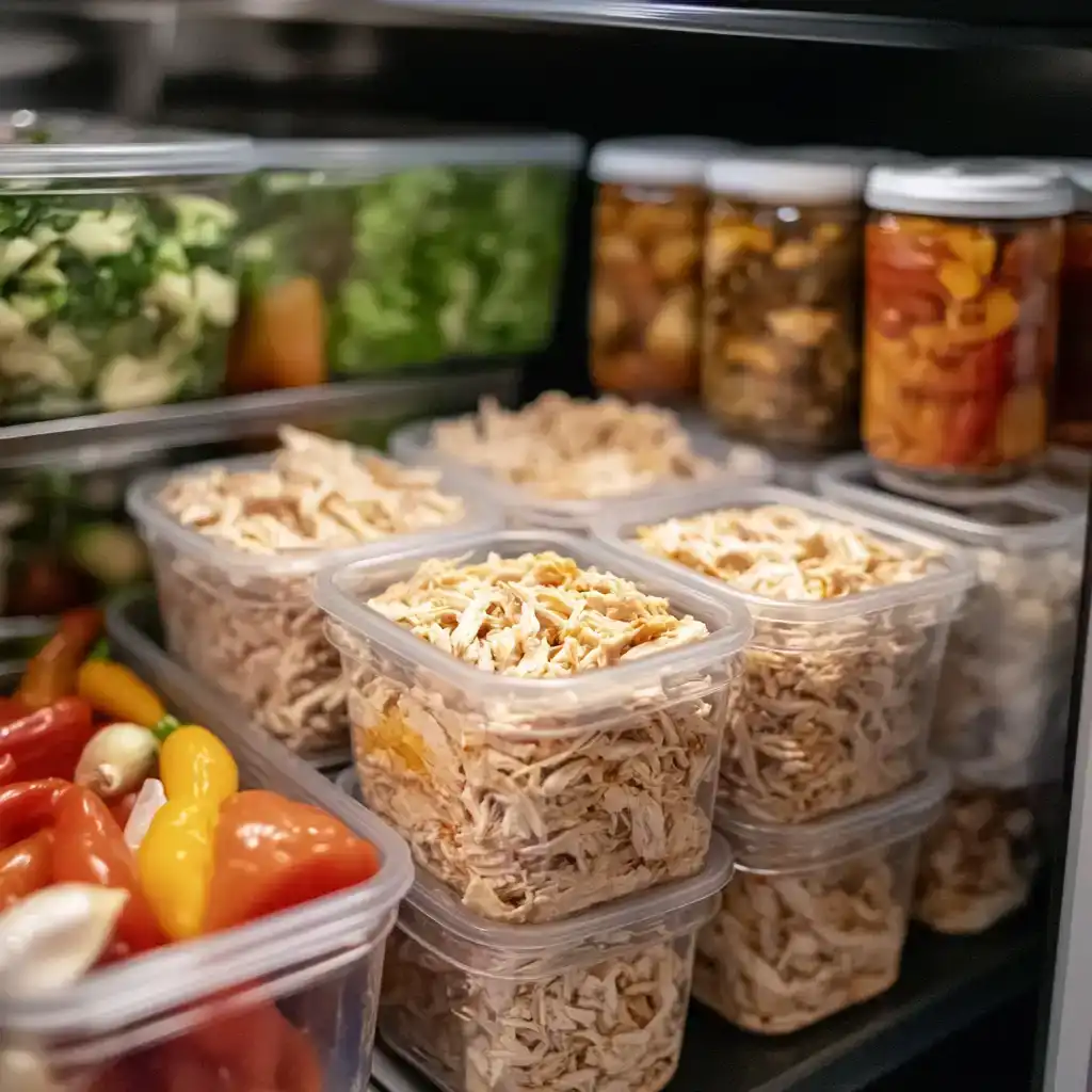 Shredded leftover rotisserie chicken stored in airtight containers in the fridge.