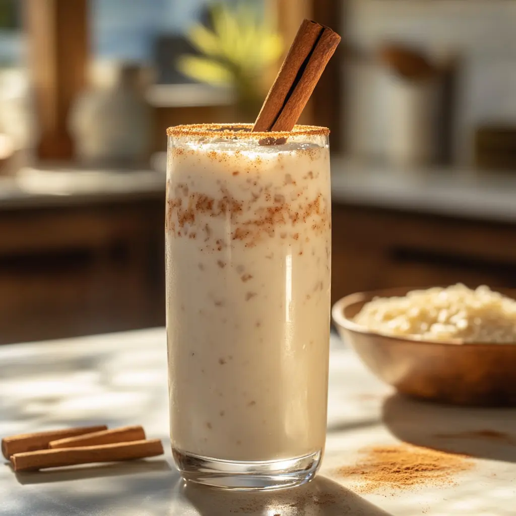 A tall glass of creamy horchata topped with a cinnamon stick, placed on a sunlit kitchen counter with a wooden bowl of rice and scattered cinnamon powder.