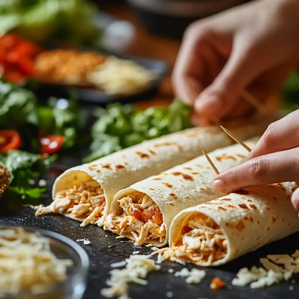 Hands rolling and securing flautas with toothpicks to prevent unrolling.