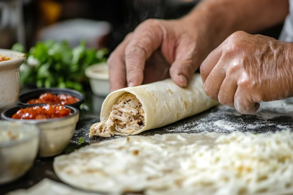 Rolling flour tortillas for flautas with shredded chicken filling.