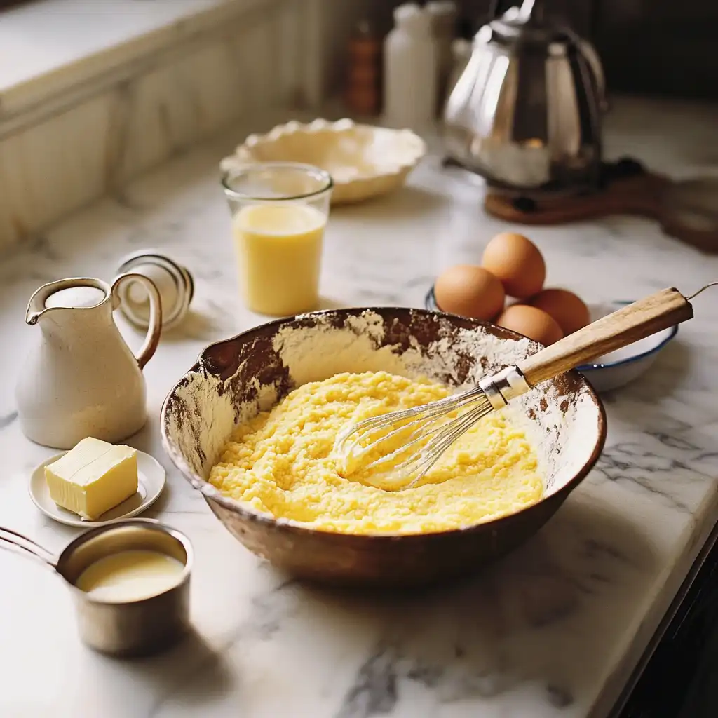 Mixing Southern cornbread batter in a rustic bowl