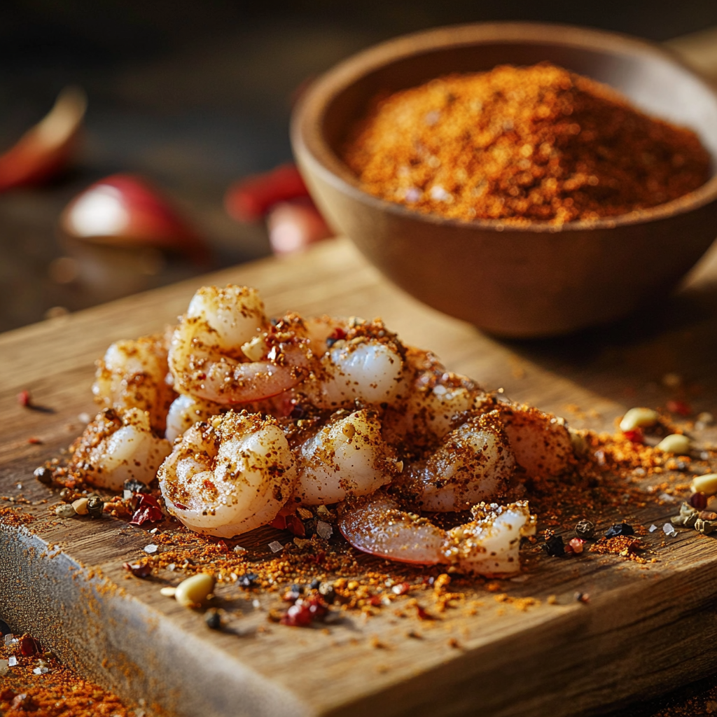 Fresh shrimp coated with Cajun seasoning on a wooden cutting board, with a bowl of spice mix in the background