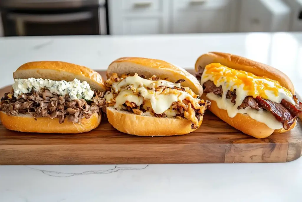 Philly cheesesteaks showcasing gourmet toppings, including blue cheese, melted provolone, and cheddar variations.