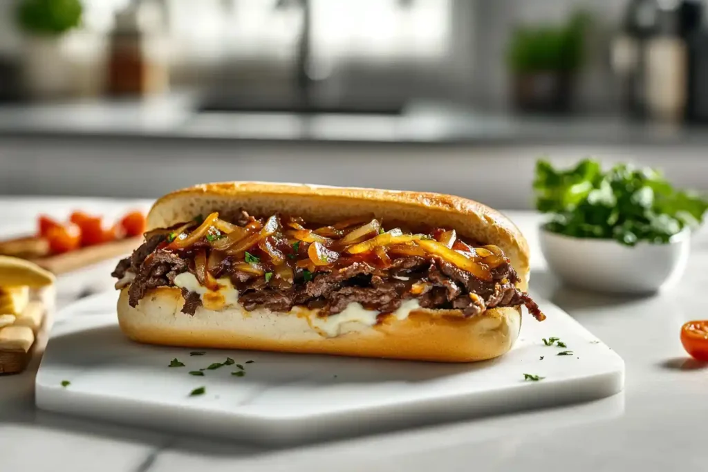 Authentic Philly cheesesteak with tender beef and caramelized onions.