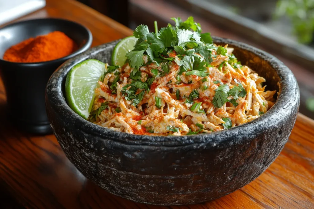 Shredded seasoned chicken for flautas de pollo in a rustic bowl.