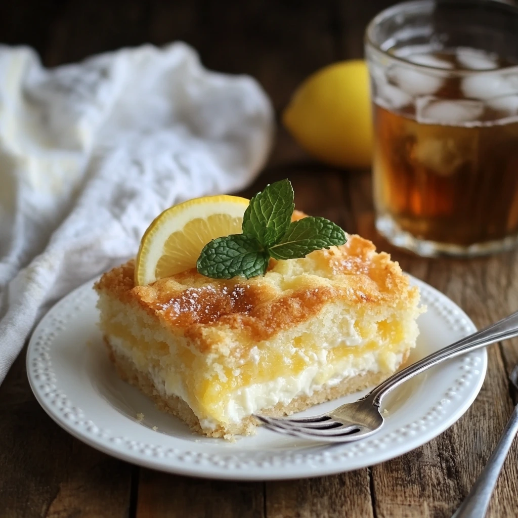 A slice of Lemon Cream Cheese Dump Cake on a white plate, garnished with a lemon slice and fresh mint leaves, served with iced tea.