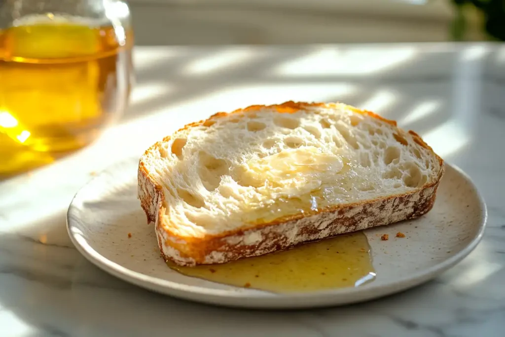 A slice of sourdough bread drizzled with honey on a ceramic plate, placed on a marble countertop with warm sunlight filtering through, creating a cozy ambiance.