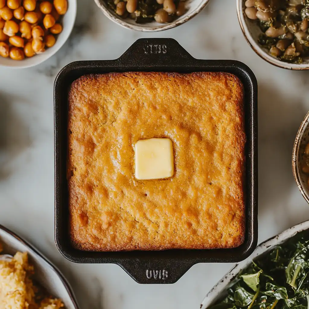 Southern cornbread in a cast iron skillet topped with butter