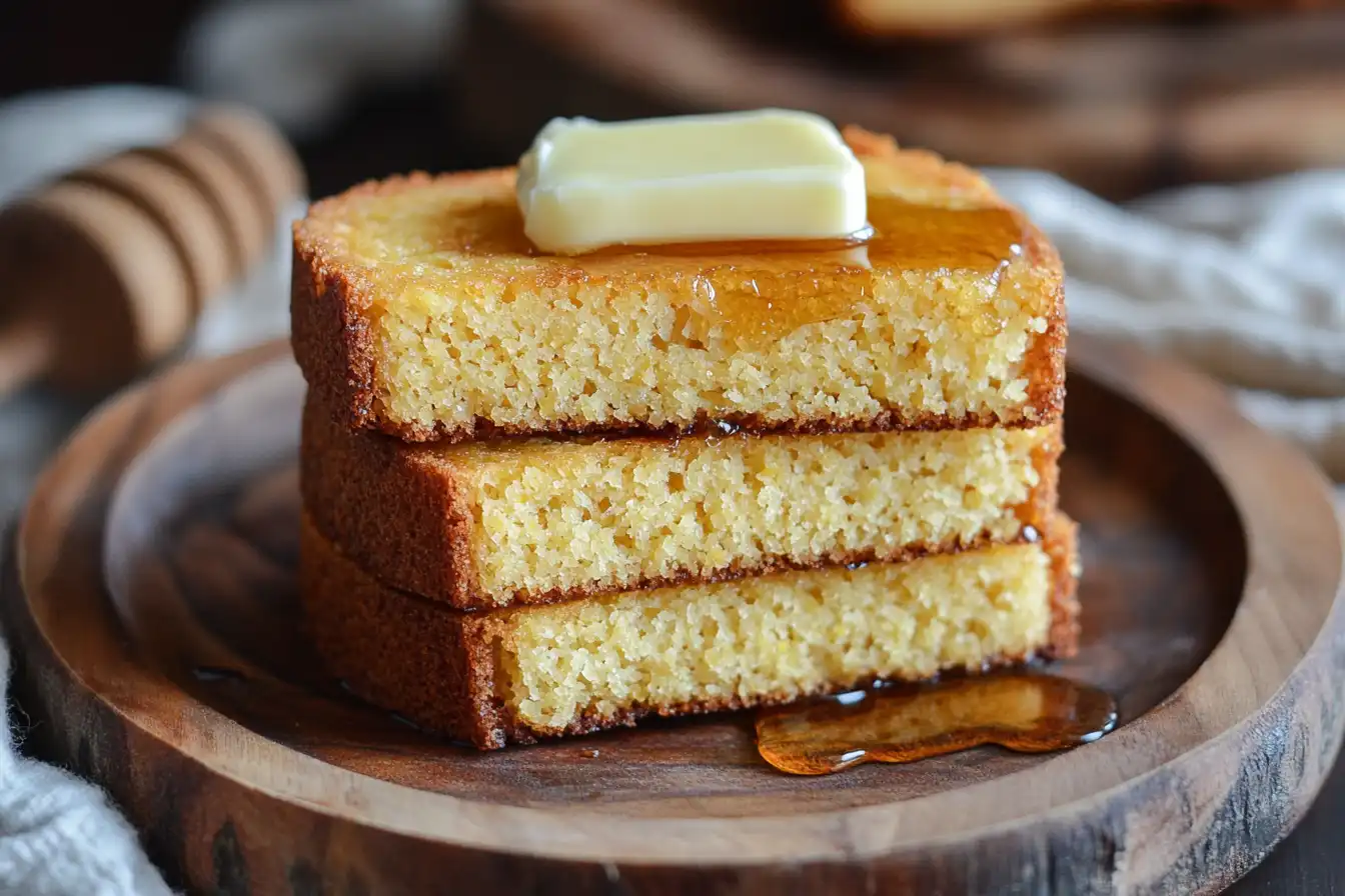 Stack of Southern cornbread slices topped with butter and honey