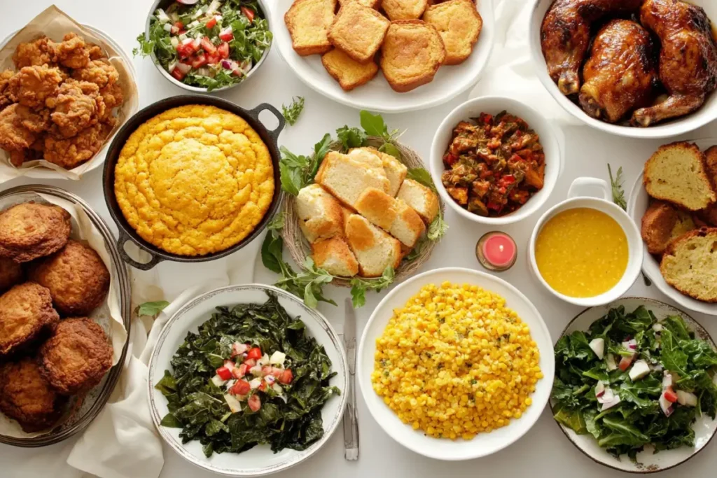 A traditional Southern meal featuring cornbread in various forms, including skillet-baked cornbread, surrounded by classic Southern dishes like fried chicken, greens, and roasted vegetables.