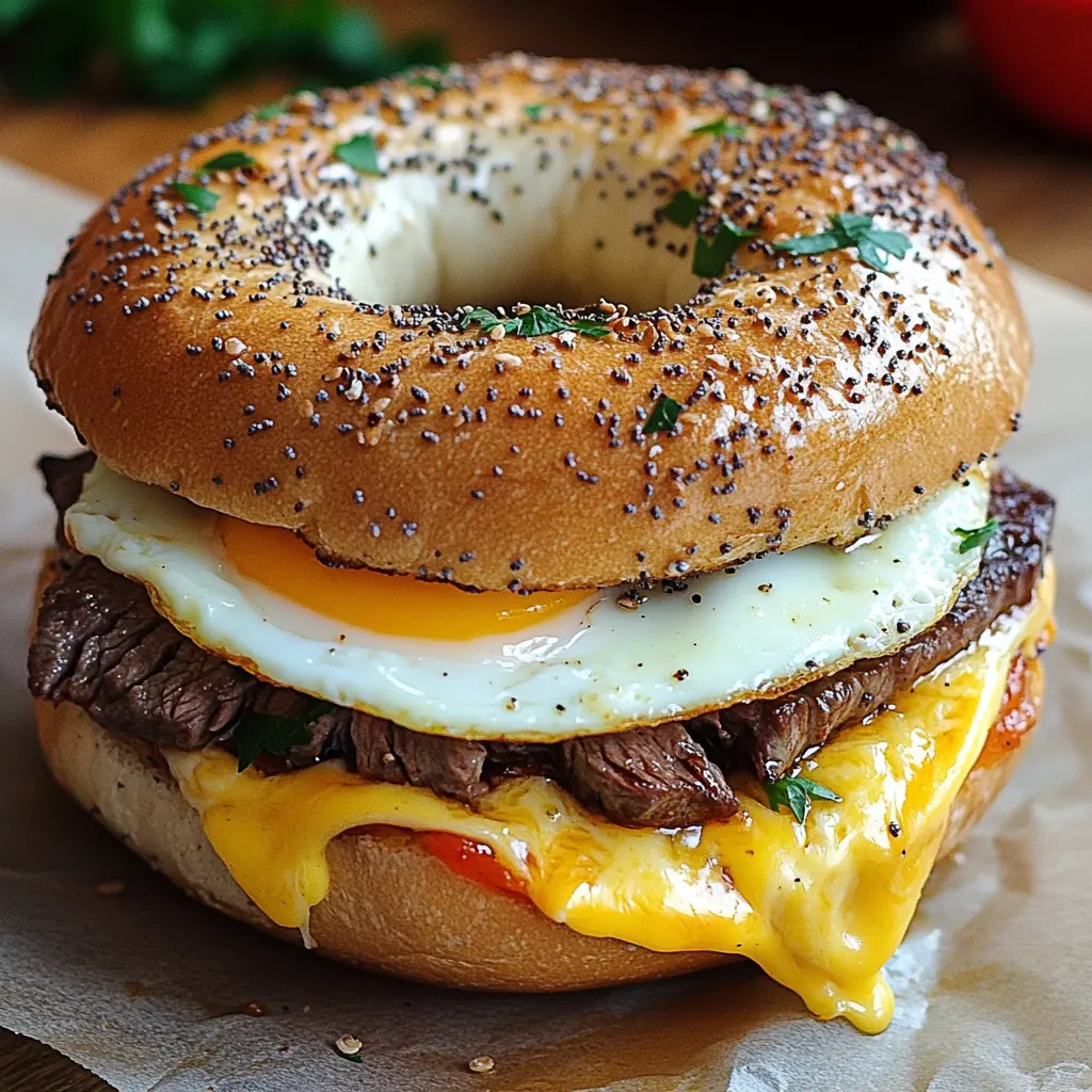 A freshly prepared steak egg and cheese bagel with juicy steak, scrambled eggs, and melted cheese between a toasted bagel