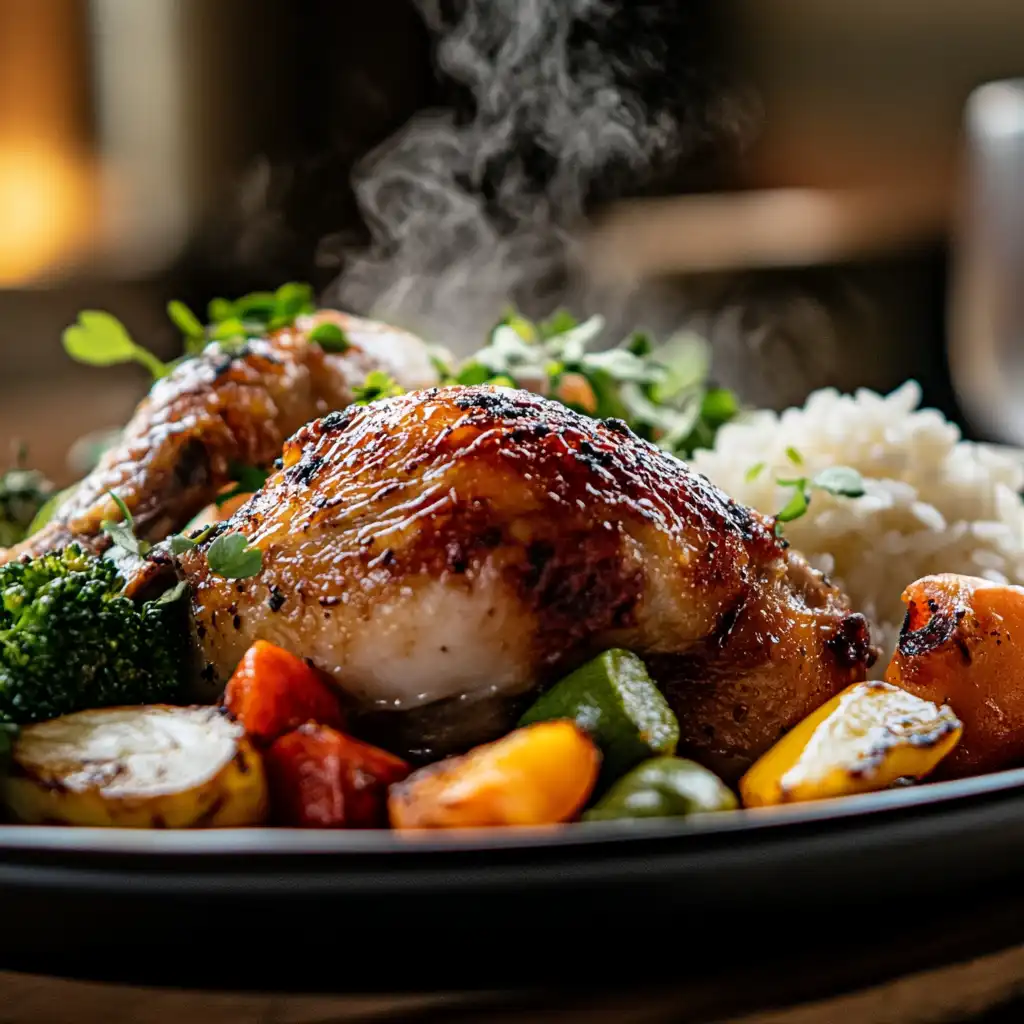 Reheated leftover rotisserie chicken served with rice and vegetables.