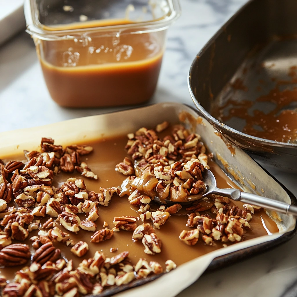 Preparing English toffee topped with chopped pecans.