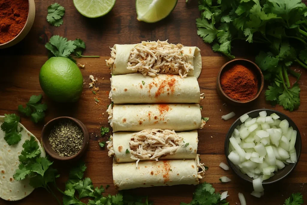 Step-by-step preparation of flautas de pollo with shredded chicken.