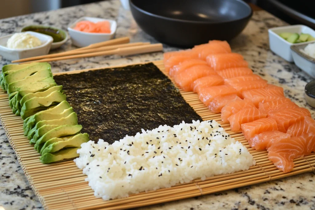 Sushi preparation setup with salmon, avocado, rice, and nori.