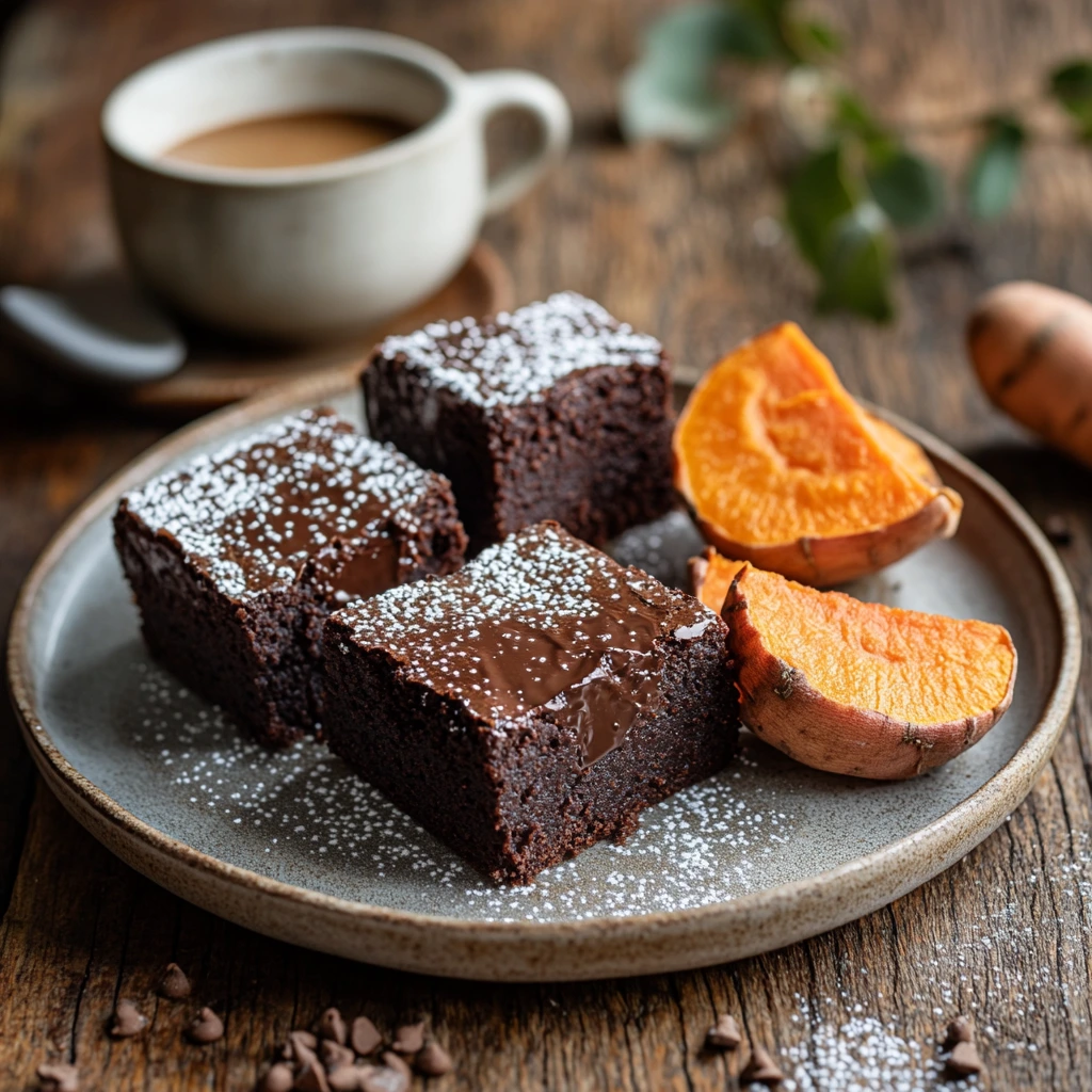 Sweet potato brownies served on a plate with sweet potato slices.