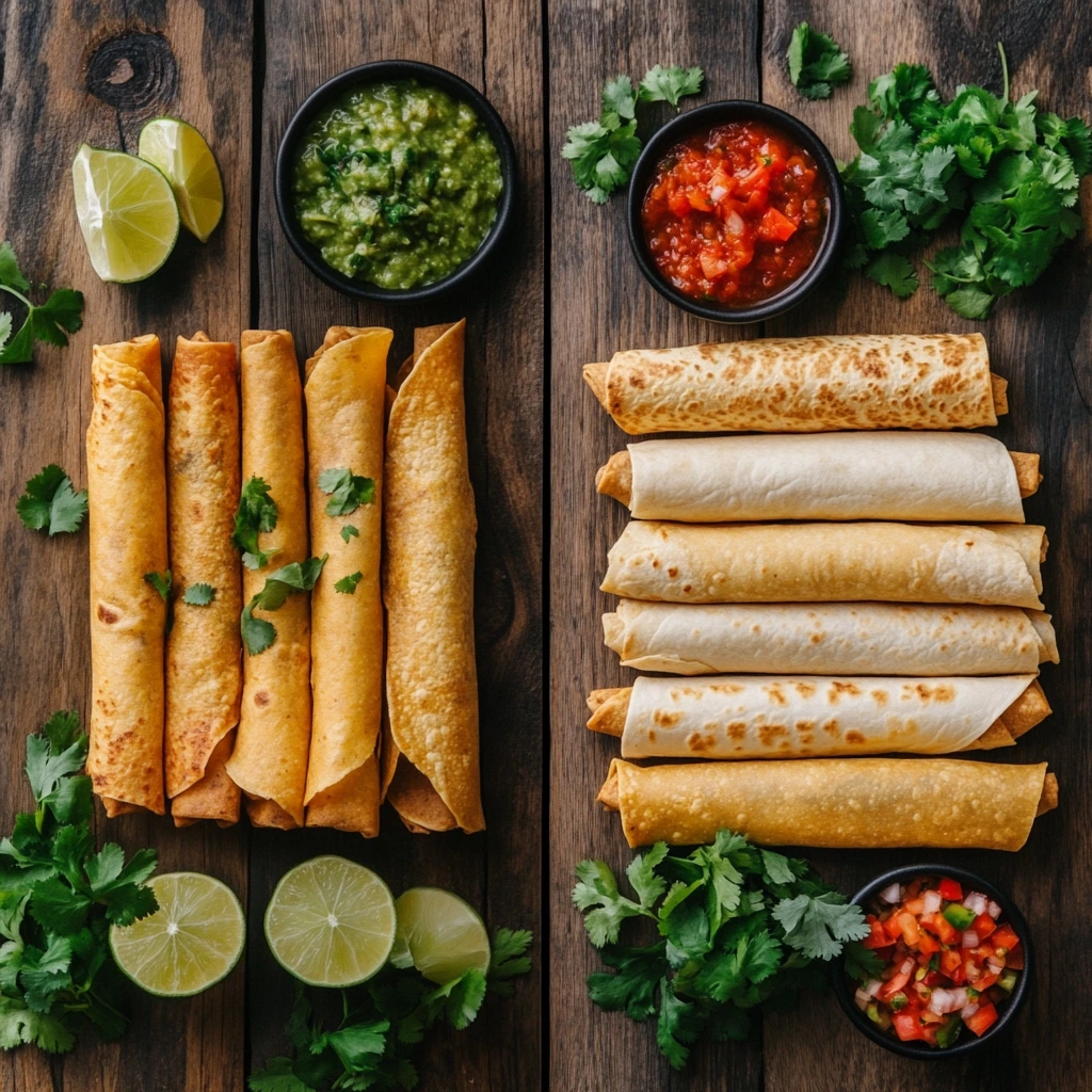 A side-by-side comparison of taquitos and flautas showcasing their differences.