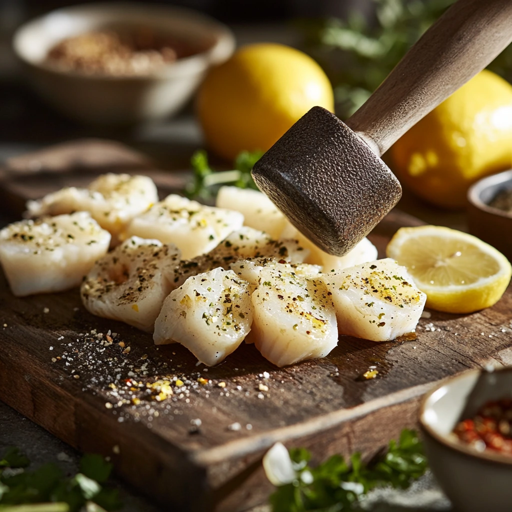 Tenderizing calamari steak on a wooden board.