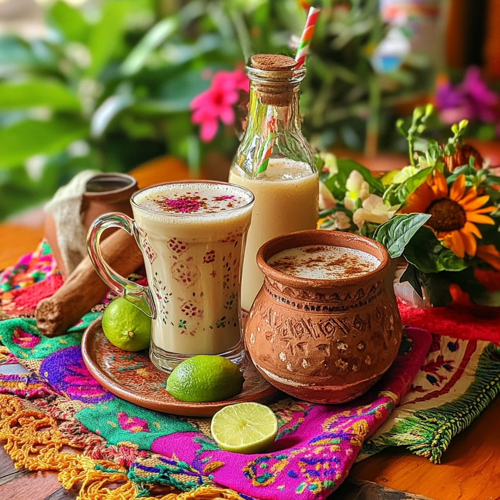 Traditional horchata served in decorative mugs with colorful cultural accents and fresh limes.