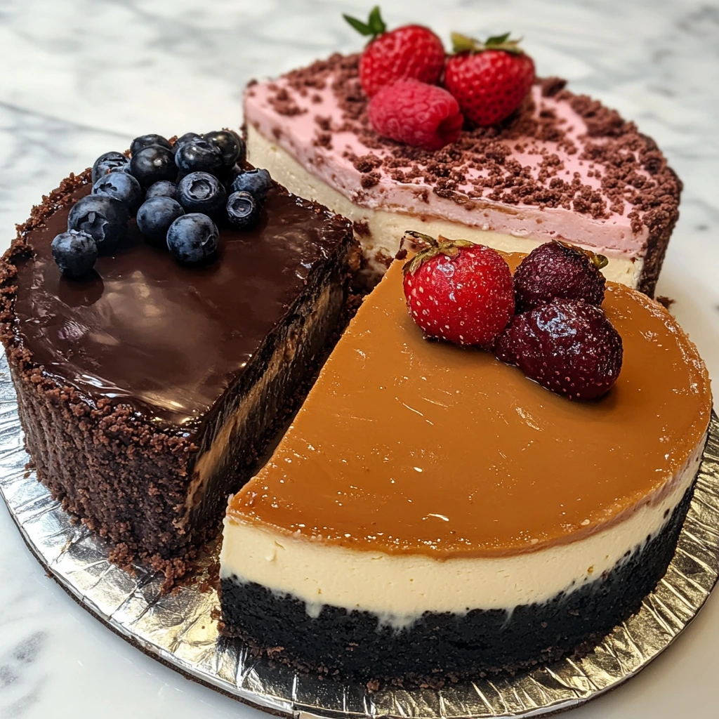 Assorted cheesecakes with chocolate, caramel, and berry toppings.