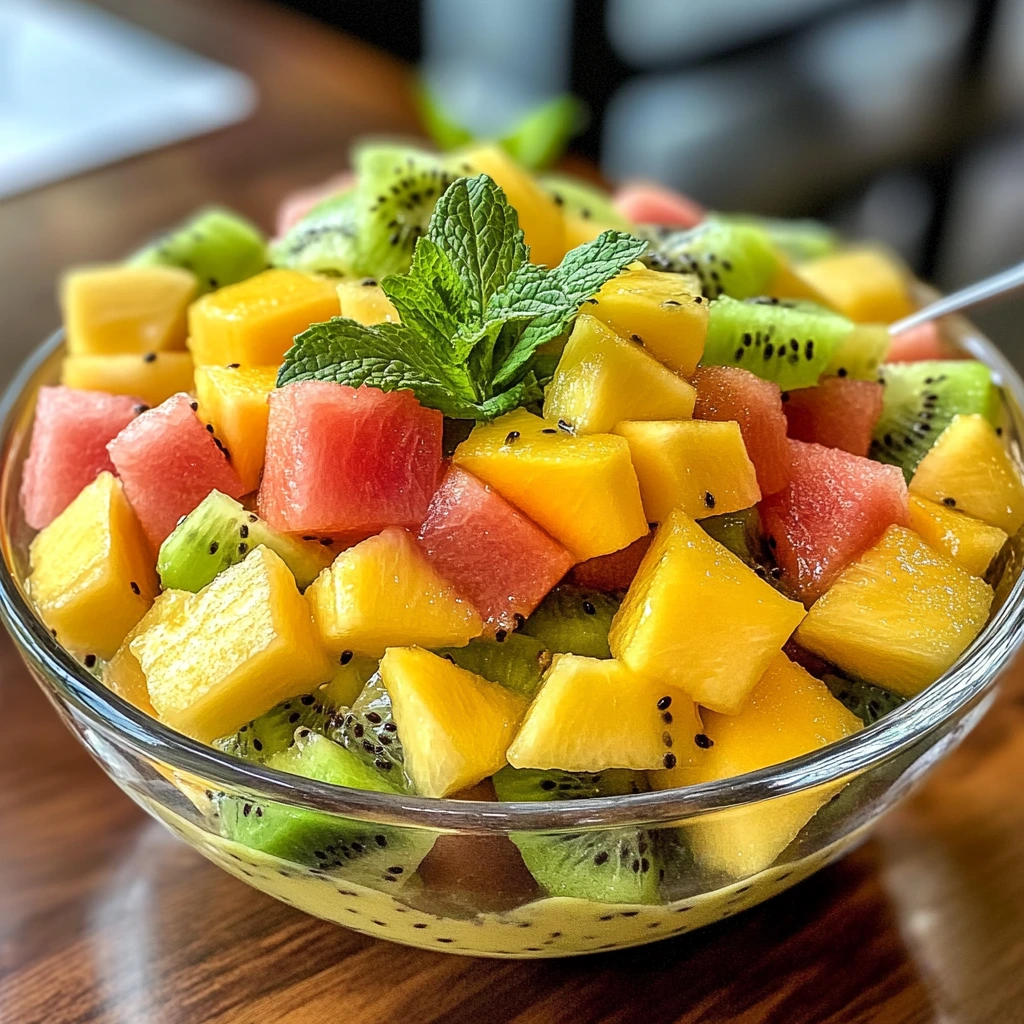 A tropical fruit salad with mango, kiwi, and watermelon, garnished with fresh mint.