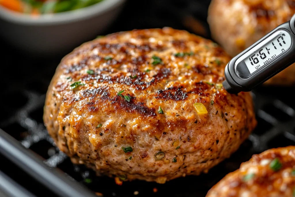 Close-up of a cooked turkey burger with a meat thermometer showing 165°F, ensuring food safety.