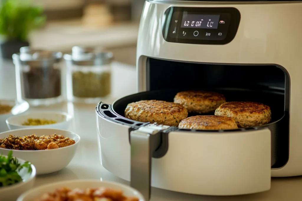 Air fryer cooking turkey burgers to perfection with seasoning bowls nearby