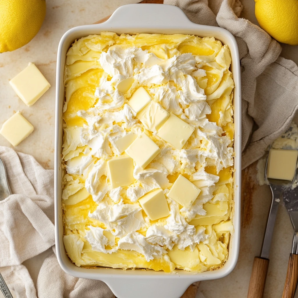 Unbaked Lemon Cream Cheese Dump Cake in a rectangular baking dish, topped with lemon pie filling, dollops of cream cheese, and pats of butter.