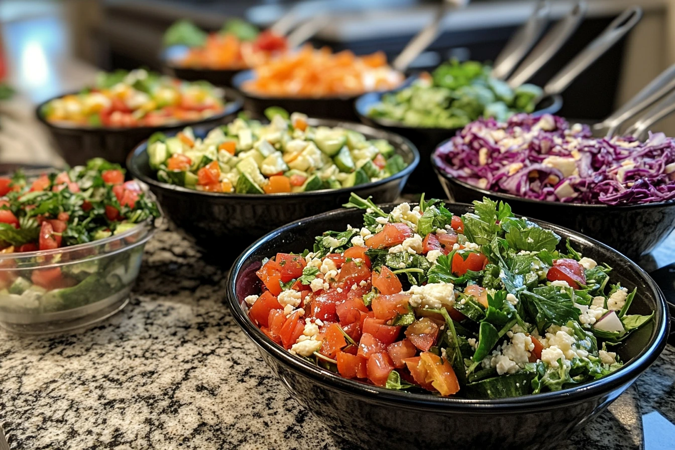 A variety of fresh combination salads with vibrant ingredients, showcasing the 5 basic types of salads.