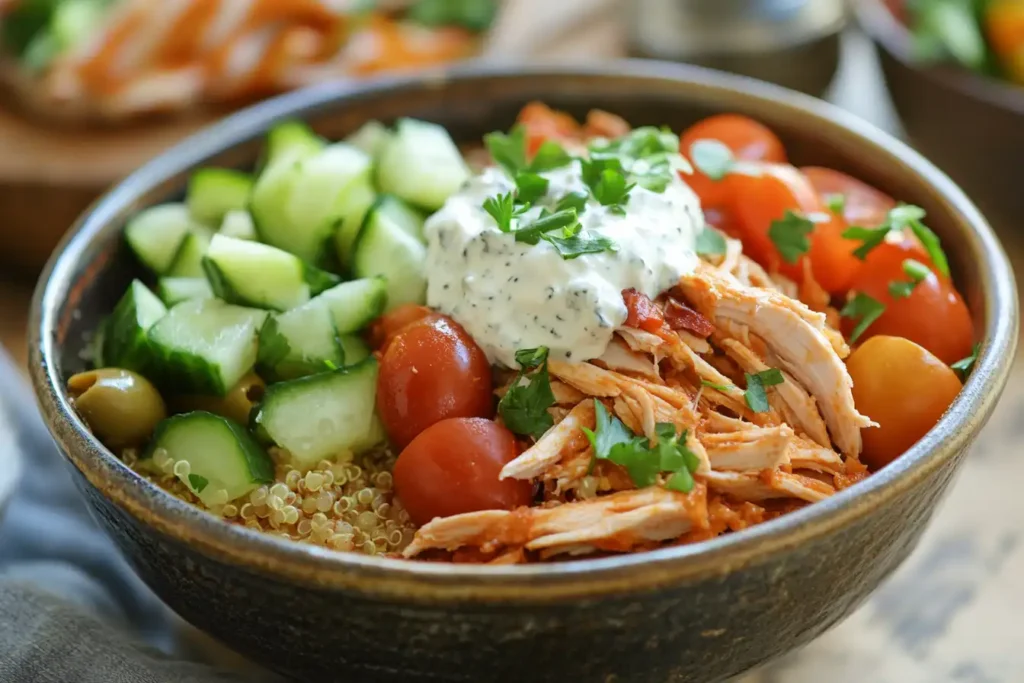  Mediterranean chicken bowl with rotisserie chicken and fresh vegetables.