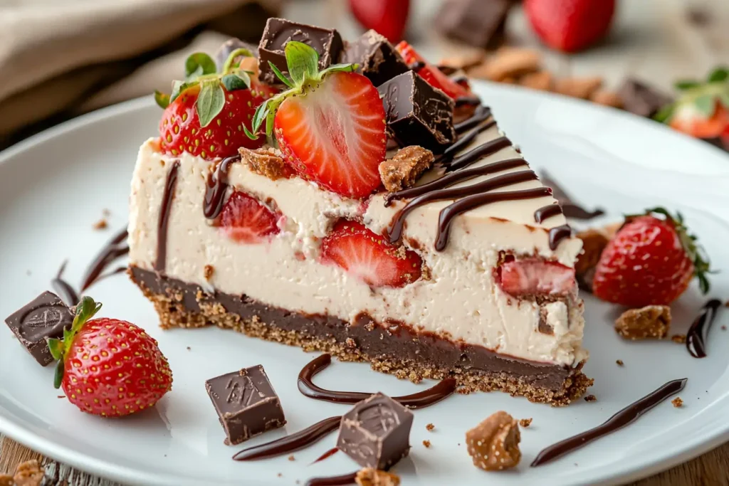 A slice of Snickers strawberry cheesecake on a plate with garnishes.