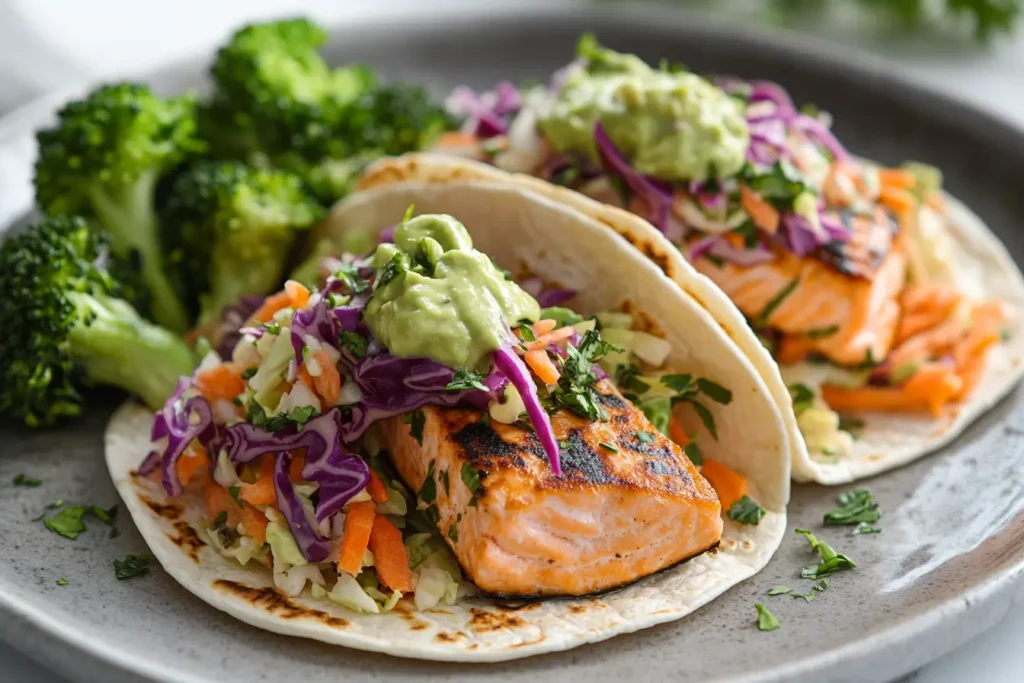 Grilled salmon tacos with fresh vegetables on corn tortillas for weight loss.