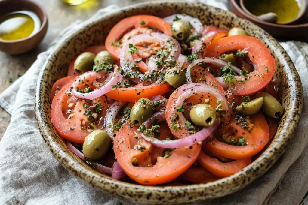 Argentinian-style cebolla ensalada with red onions, tomatoes, and olives in a rustic ceramic dish