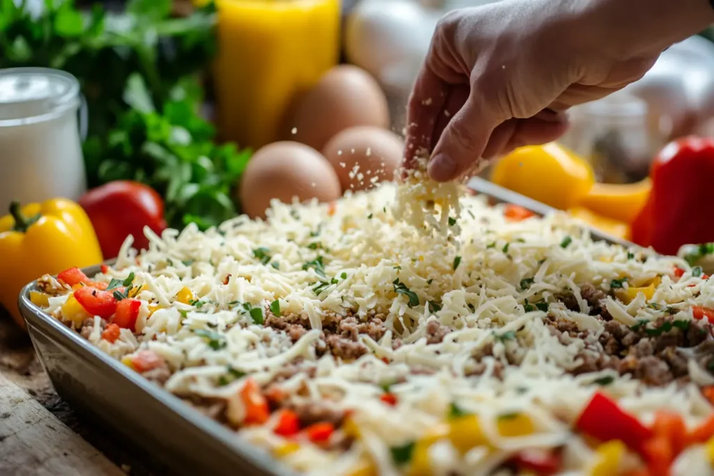 Layers of hashbrowns, sausage, and cheese being assembled for a breakfast casserole.