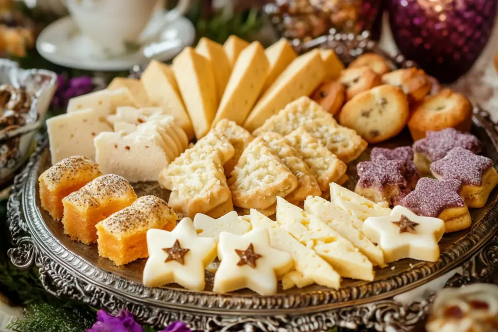 Assorted tea cakes and savory cheese bites on a tray for a cake tea setup.