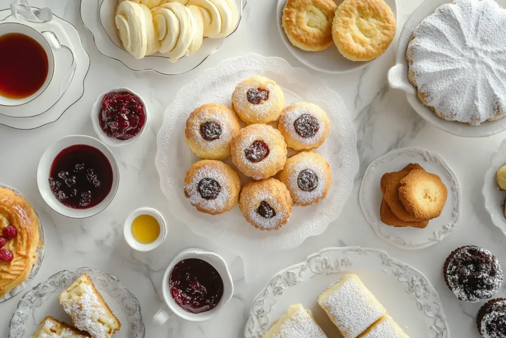  An assortment of tea cakes and pastries served with jam for a delightful cake tea experience.