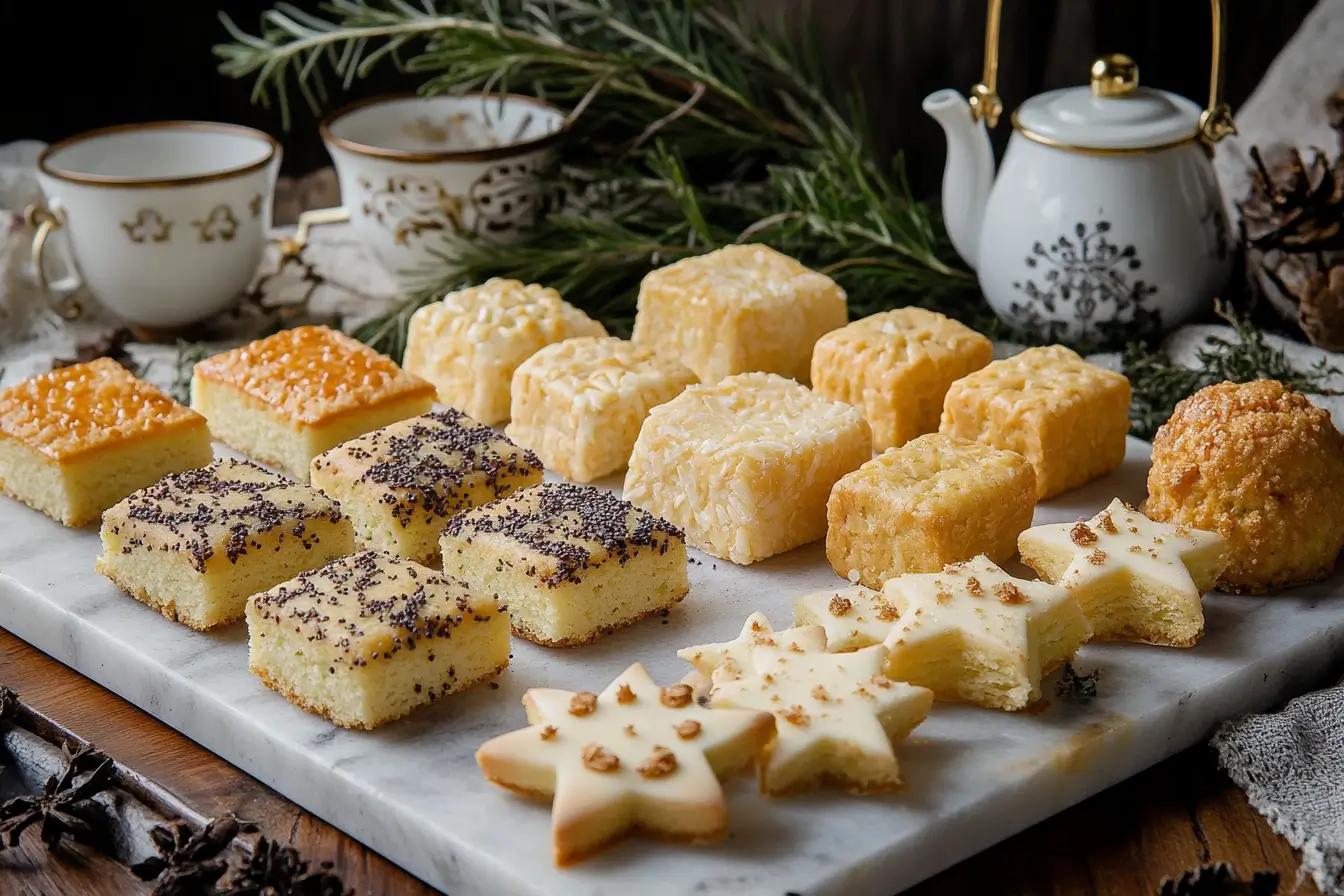 Assorted tea cakes with unique shapes and flavors for a cake tea gathering.