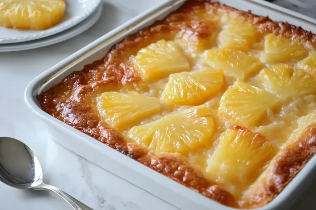 Freshly baked pineapple casserole with a golden crust.