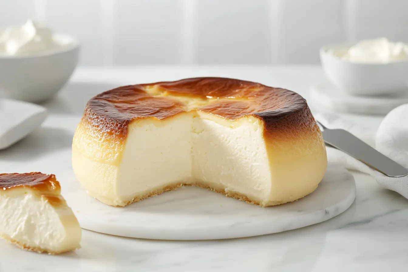 Basque cheesecake with a caramelized, burnt top and creamy interior on a white marble platter