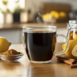 A glass mug of black coffee surrounded by fresh lemons, cinnamon sticks, and honey on a wooden table with a modern kitchen background