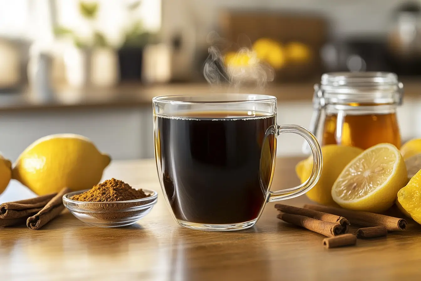 A glass mug of black coffee surrounded by fresh lemons, cinnamon sticks, and honey on a wooden table with a modern kitchen background