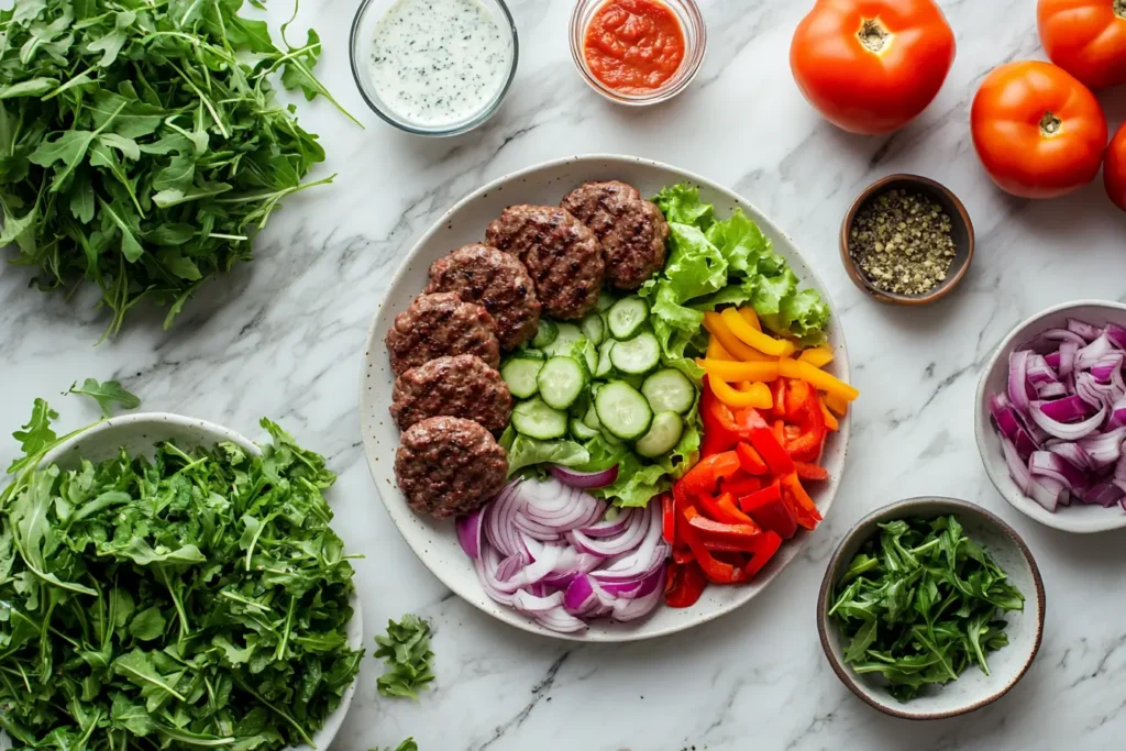 Step-by-step burger bowl assembly with greens, patties, and veggies