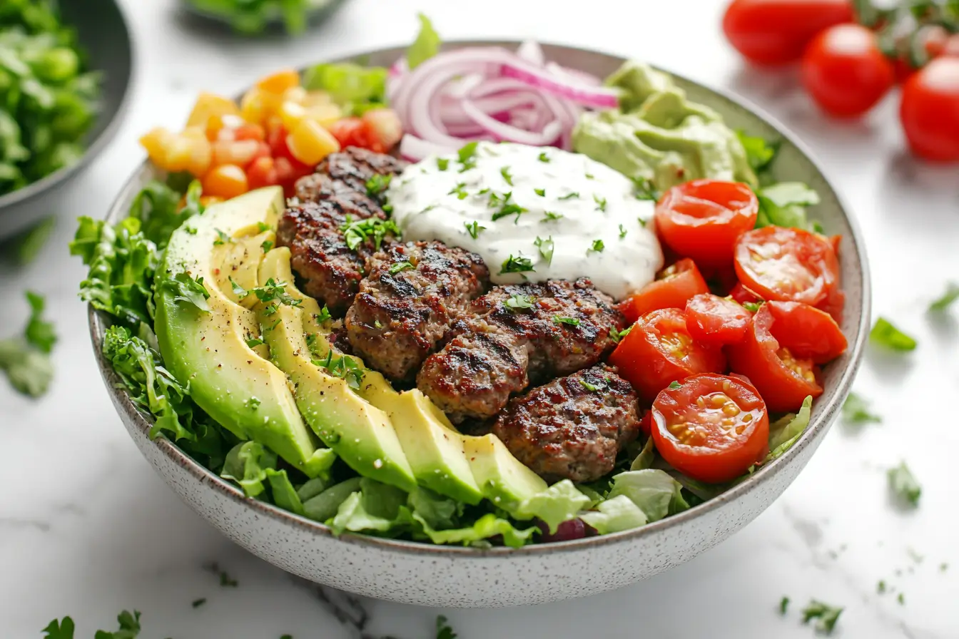 Fresh and colorful burger bowl with beef patty and vegetables.