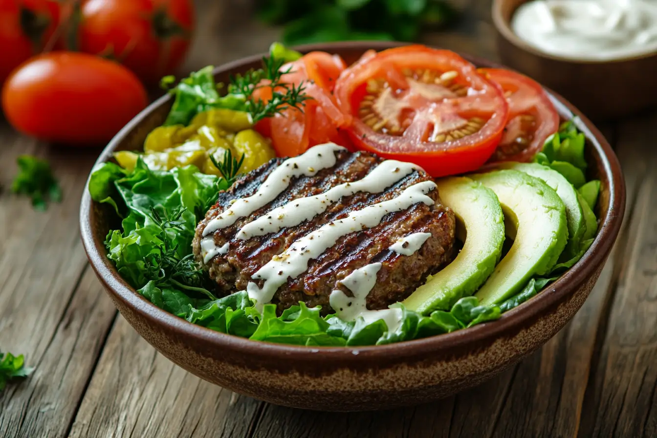 A delicious burger bowl with fresh vegetables and grilled beef patty