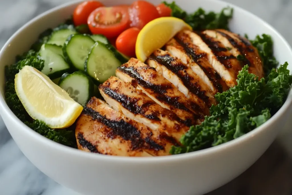 A delicious burger bowl with fresh vegetables and grilled beef patty