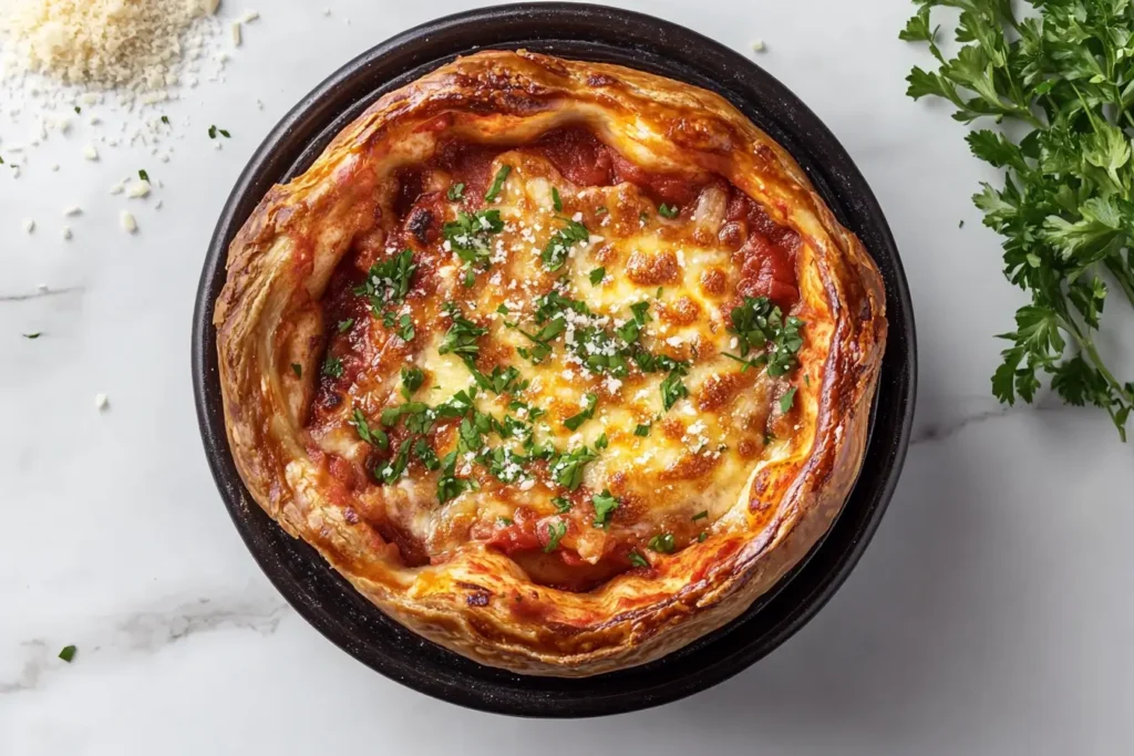 Chicago-style pizza pot pie cut open with gooey filling.