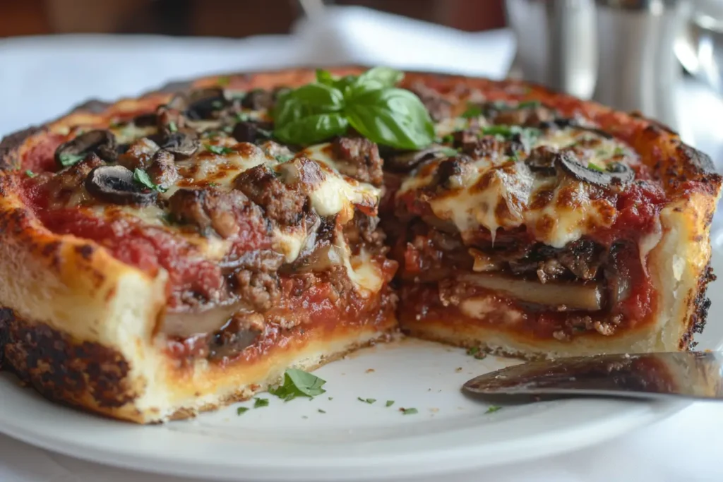 Side view of a Chicago-style deep-dish pizza with layers of sauce, cheese, and toppings